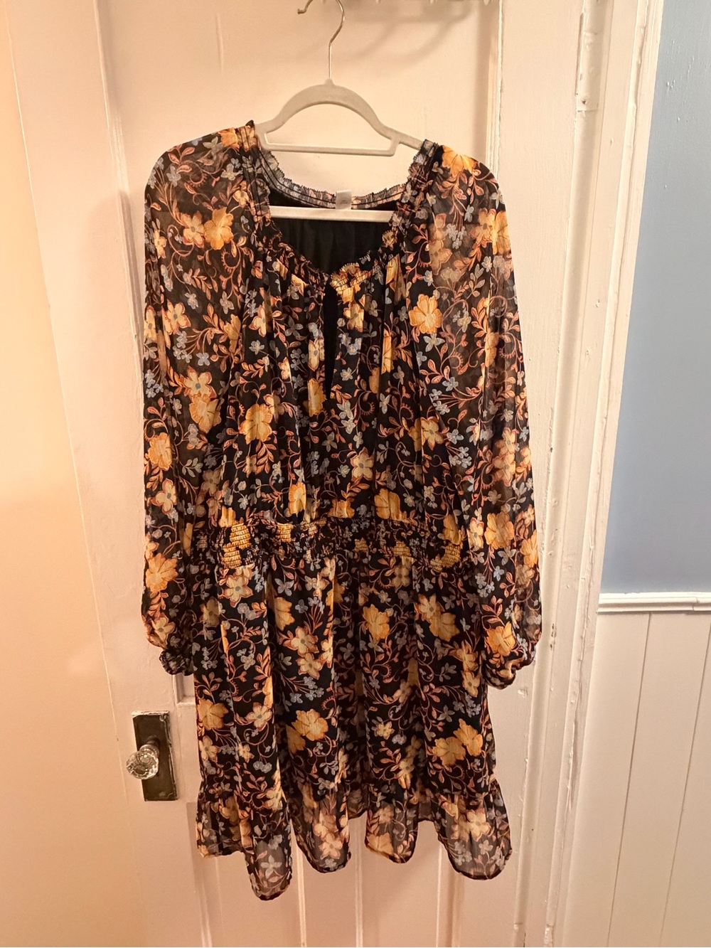 Black Floral Long-Sleeve Smock Dress with Yellow Bloom